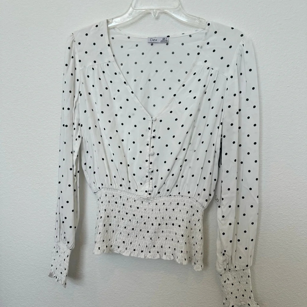 NWT Dex Polka‎ Dot Smocked Blouse Black and White Small - Picture 3 of 10